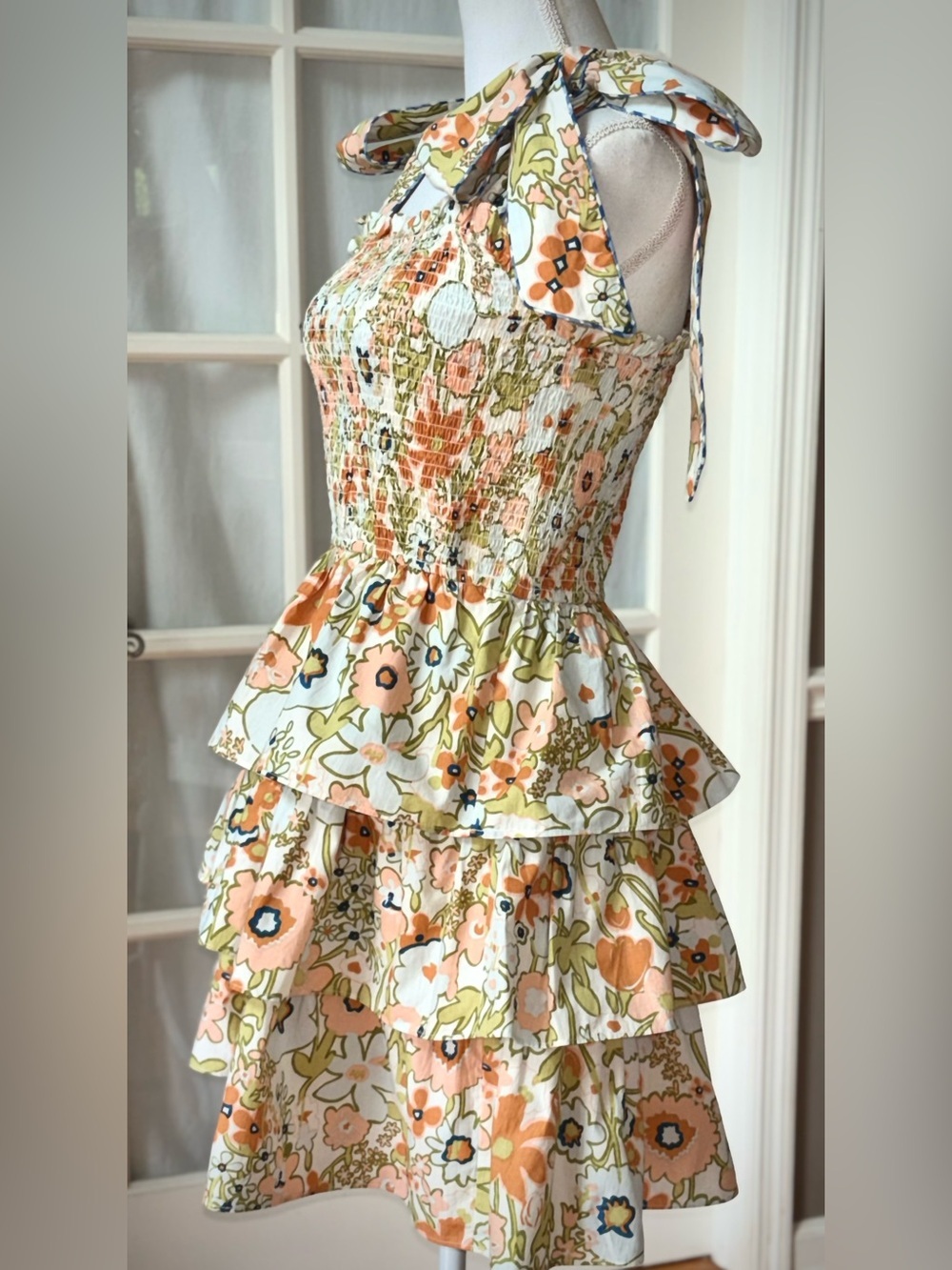 Cleobella Floral Smocked Tie Shoulder Tiered Organic Cotton Mini Dress M - Picture 2 of 11